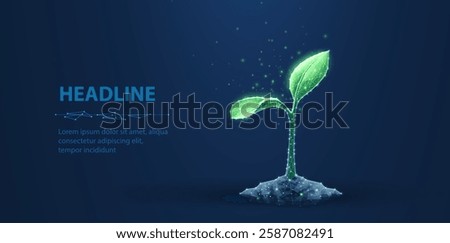 3D Plant on blue background. Sprout Growth, Future Technology, Grow Bio, Soil Seed, Seedling Earth, Agronomy Network, Polygon Green, Vector Sapling, Corn Point, Agriculture Concept.