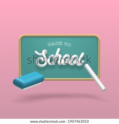 3D Plastic Back To School Text With Green School Board Chalk and Eraser Pink Background Illustration