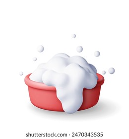 3d plastic basin with soapy foam and bubbles isolated. Render bucket icon for cleaning and washing. House cleaning equipment. Household accessories. Realistic vector illustration