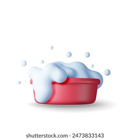 3d plastic basin with soapy foam and bubbles isolated. Render bucket icon for cleaning and washing. House cleaning equipment. Household accessories. Realistic vector illustration