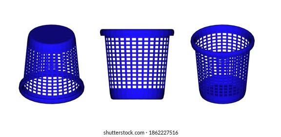 3d Plastic basket in blue with holes for trash cans and clothes storage isometric view
