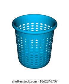 3d Plastic basket in blue with holes for trash cans and clothes storage isometric view