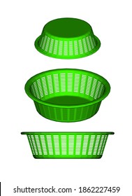 3d Plastic basket in green with holes for trash cans and clothes storage isometric view