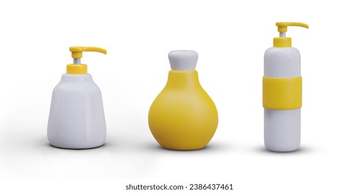 3D plastic bottle with dispenser, jar for liquid soap, shampoo, pump bottle. Care cosmetics packaging mockup. Beauty products for body, hands, face, hair. Isolated yellow vector templates