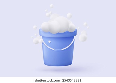 3d plastic bucket icon signs with soapy foam. House cleaning and washing household accessories. 3d water bucket realistic icon vector render illustration