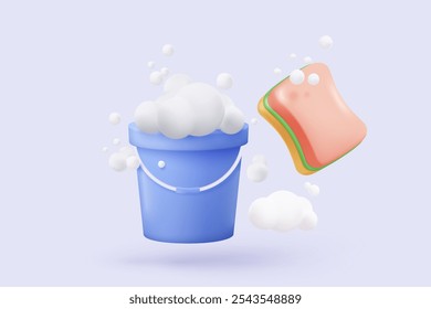 3d plastic bucket icon signs with soapy foam. House cleaning and washing household accessories. 3d water bucket realistic icon vector render illustration