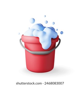 3d plastic bucket with soapy foam and bubbles isolated. Render bucket icon for cleaning and washing. House cleaning equipment. Household accessories. Realistic vector illustration