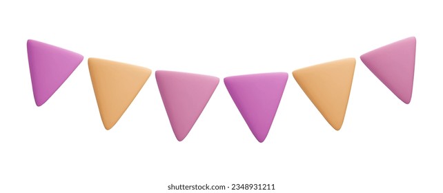 3d plastic bunting. Vector party garland with triangle flags, isolated element for greeting cards, banner, creative design. Cartoon object.