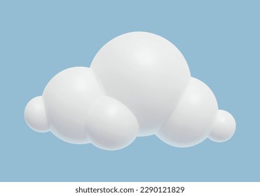 3d Plastic Cloud Icon. Glossy cartoon three dimensional design element. White cumulus cloud on blue sky background. Relistic vector illustration.