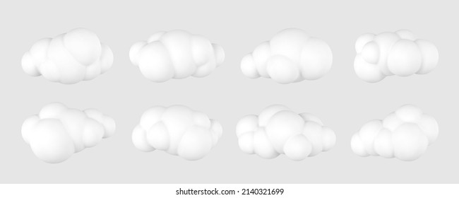 3d plastic clouds. Set of round cartoon fluffy clouds isolated on a gray background. Vector illustration.