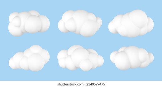 3d plastic clouds. Set of round cartoon fluffy clouds isolated on a blue background. Vector illustration.