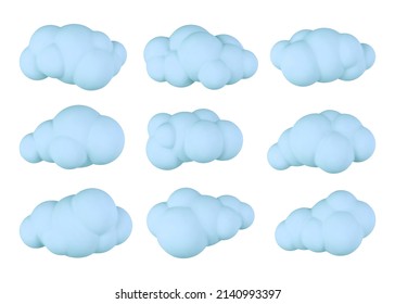 3d plastic clouds. Set of round cartoon fluffy clouds isolated on a white background. Vector illustration.