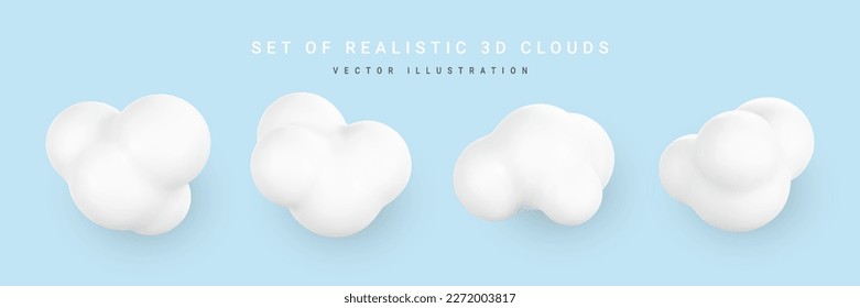 3d plastic clouds. Set of round cartoon fluffy clouds isolated on a blue background. Vector illustration.