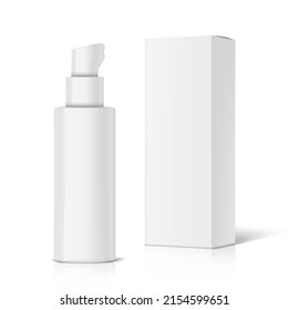 3D Plastic Cosmetic Bottle With Dispenser Pump And Packaging Box. EPS10 Vector