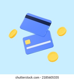 3d plastic credit cards and golden coins in flight. realistic vector illustration isolated on blue background.