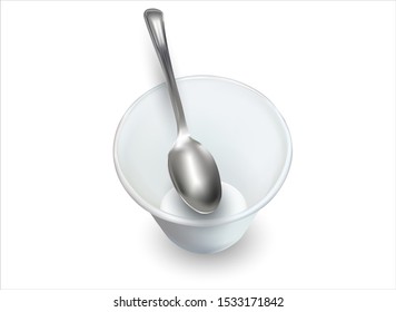3d. Plastic Cup, Disposable Tableware. Tea Metal Spoon. Vector image on white background.