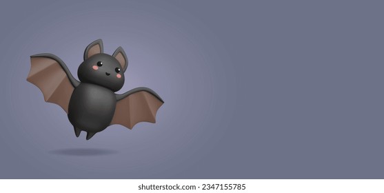 3d plastic cute bat on dark background. Halloween web banner template with copy space. Vector illustration with kawaii flying animal. Minimal background with chubby character.