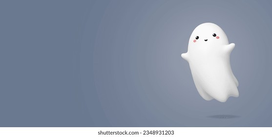 3d lindo fantasma de plástico sobre fondo gris. Plantilla de banner web de Halloween con espacio de copia. Ilustración vectorial con el monstruo volador kawaii. Fondo mínimo con representación de caracteres. 