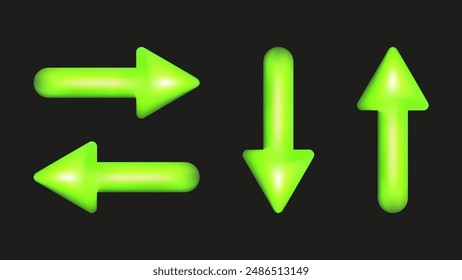 3D plastic elements set isolated abstract shapes. Set of arrows up down left right. Geometric shapes are bright saturated colors. Vector.