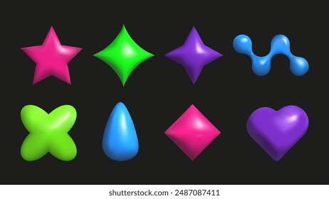 3D plastic elements set isolated abstract shapes. Geometric shapes are bright saturated colors. Vector.