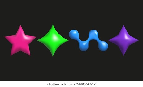 3D plastic elements set isolated abstract shapes. Star and diamond. Geometric shapes are bright saturated colors. Vector.