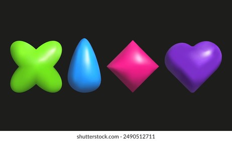 3D plastic elements set isolated abstract shapes. Drop diamond heart. Geometric shapes are bright saturated colors. Vector.