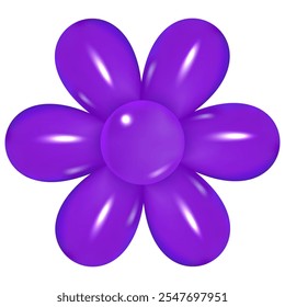 3d plastic figure in y2k style. Render of purple balloon shaped like flower with glossy texture isolated on transparent background. Inflated vector element for party, celebration, or. 3D Illustration