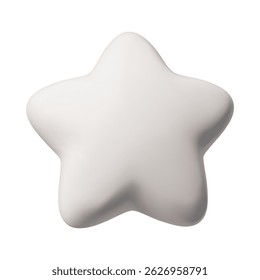 3D plastic figurine of five-pointed star in white matte color. Volumetric geometric figure. Balloon. Festive decoration. Vector illustration. Cartoon style. Isolated background. Icon.