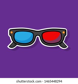 3d plastic glasses sticker in cartoon style. Cartoon label in comics style