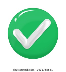 Marca de verificación verde de plástico 3D. Concepto de resolución, Aprobado, aprobado, votación de la encuesta, confirmar, símbolo de concepto.