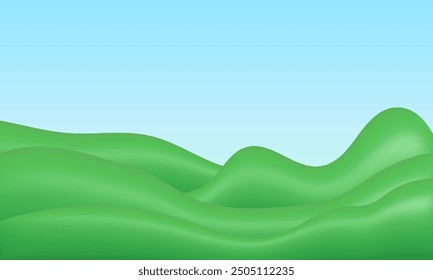 3d plastic green hills landscape template. Summer field minimal nature composition with blue sky
