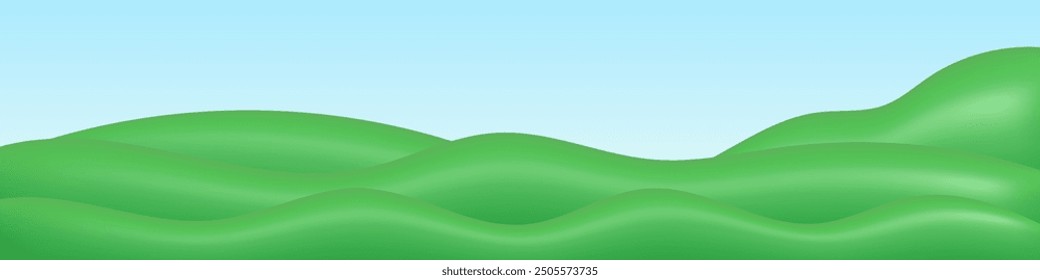 3d plastic green hills landscape template. Summer field minimal nature composition with blue sky