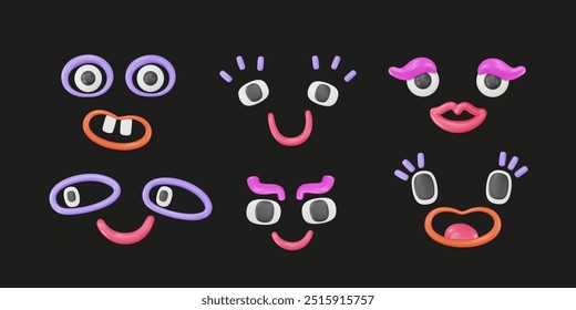 3d rostos alegres de plástico. Conjunto de emojis de caracteres peculiares. Olhos de rabiscar com sorriso, lábios, elementos cômicos infantis. Formas geométricas divertidas, avatar de desenho animado. Ilustração vetorial.