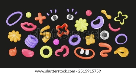 3d plastic joyous variety shapes. Inflated creative icons, playful forms, childish design elements. Vector cartoon illustration. Doodle and geometric modern graphics renders. Visual art.