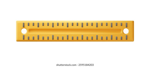 3D plastic measuring ruler isolated on white. Render yellow ruler for education and work. Stationery and office supply. Engineering tool. Vector illustration