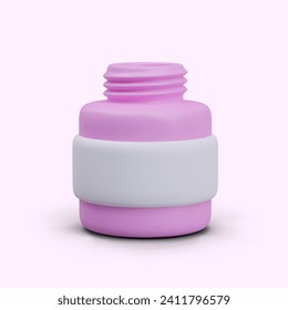 Frasco de medicina plástica 3D. Objeto vector en posición vertical, vista frontal. Embalaje fiable para medicamentos. Jar con tornillo en la tapa. Etiqueta en blanco, lugar por nombre, oferta promocional