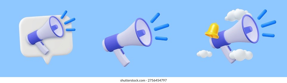 3d plastic megaphones icon or loudspeaker bullhorn for announce promotion, megaphone loudhailer with microphone mockup. announce concept. 3d rendering. Vector illustration