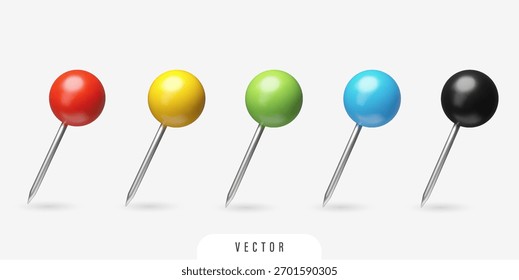 Juego de pines de plástico 3D. Elementos de diseño de Vector realistas aislados. Colores rojo, amarillo, verde, azul, negro