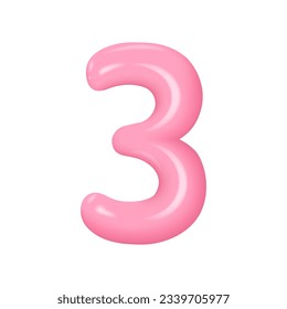 3d plastic pink numbers 3 with highlights. Realistic volume rendering figure. Vector illustration
