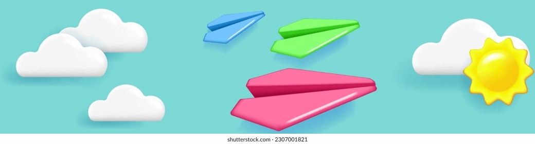 3D-Plastikflugzeuge am bewölkten Himmel. Horizontaler Banner mit fliegenden Plastikflugzeugen