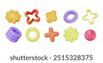 3d plastic playful elements. Joyous shapes. Circles, tube, cross object, abstract volumetric flower icon, ball. Vector creative graphics. Geometric forms. Cartoon illustration.