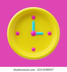 3d plastic round watch. Bright Realistic mechanical clock on pink background. Model dial icon. Hour, minutes, time, alarm clock symbol. Yellow Color cute 3d clay timer. Vector deadline illustration