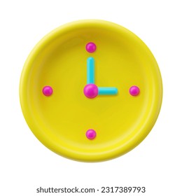 3d plastic round watch. Realistic mechanical clock isolated on white background. Model dial icon. Hour, minutes, time, alarm clock symbol. Yellow Color 3d clay timer. Vector deadline illustration