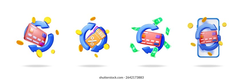 3d plastic set cashback, refund, money back, financial exchange concept. Credit card, mobile phone, cash banknote, coin, voucher icon. Stock vector set collection.