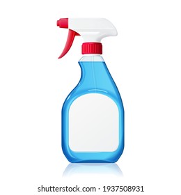 3d plastic spray bottle with red trigger and blank label isolated on white background. Container element suitable for detergent, house cleaner or disinfectant.