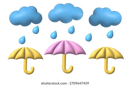 Fondo de gotas de lluvia de agua de estilo plástico 3D con paraguas, Ilustración vectorial. Día lluvioso 