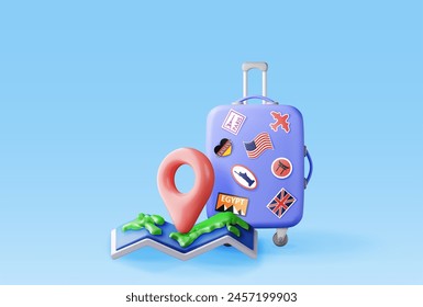 3d plastic suitcase with folded paper map isolated. Render travel bag with stickers and map. Travel element. Holiday or vacation. Transportation concept. Vector Illustration