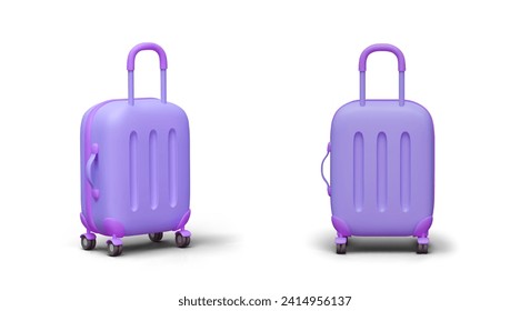 3D plastic suitcase on wheels. Violet suitcase with corrugated hard case. Modern bag for trips and flights. Front and side view. Clean surface, without stickers and inscriptions