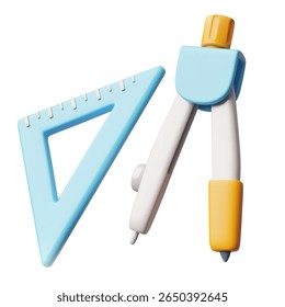 3D plastic tool set with triangle ruler and compass, in blue and orange colors. School and office tools. Education, stationery. Vector cartoon illustration. Isolated background. Render.