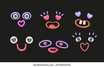 3d plastic whimsical faces in love. Eyes with hearts, lips, smile. Wondering emoji, cheerful emotion. Doodle creative characters. Vector illustration. Romantic elements for Valentine's Day designs.